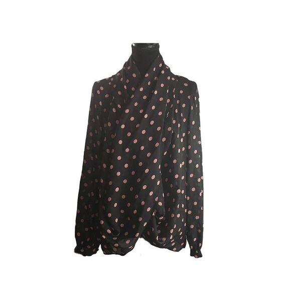Bisou Bisou Black Pink Polka Dot Flowy Shawl Collar V- Neck Blouse Size M - Picture 3 of 9